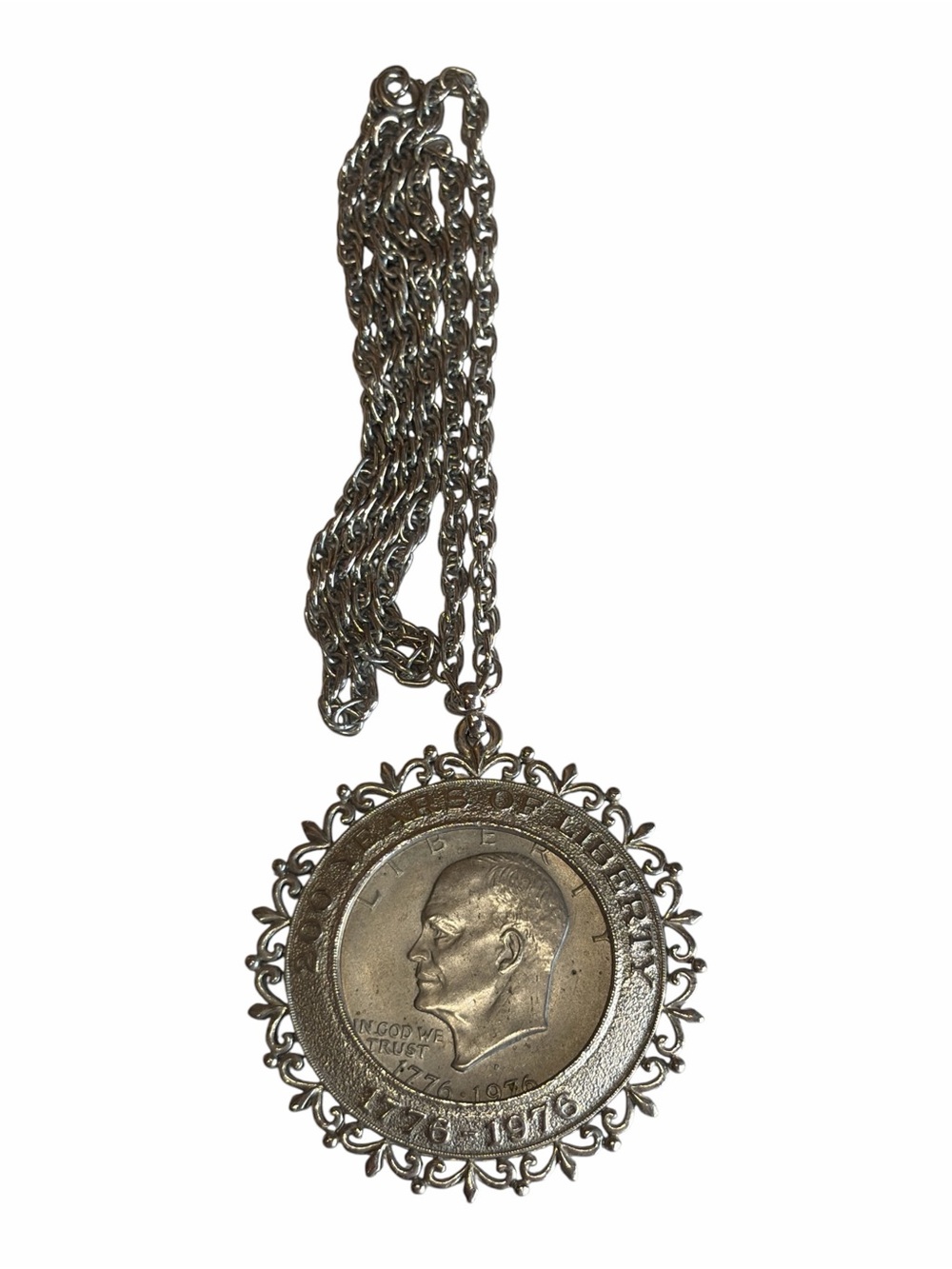 Vintage 1776-1976 Eisenhower Bicentennial Dollar Coin Pendant Necklace Filigree